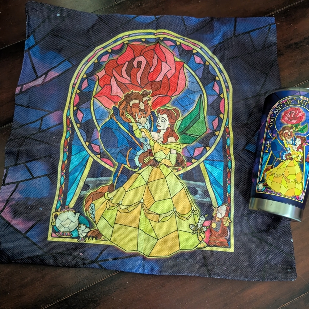 Beauty and the Beast Stained Glass 20 Oz Tumbler And Pillow Case